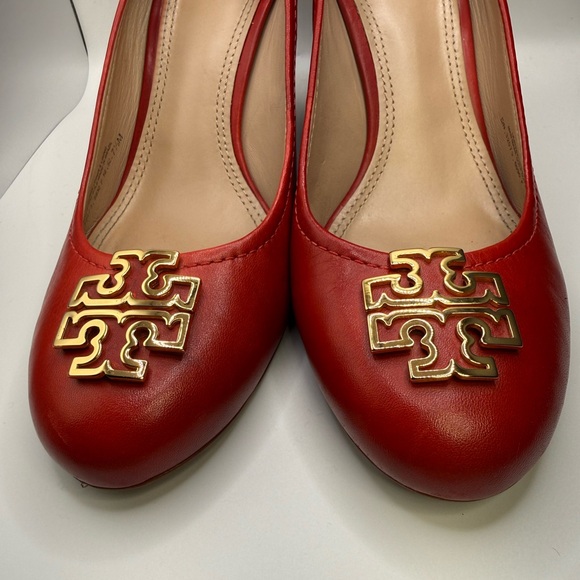 Tory Burch Scarlet Red Wedges with Gold Accent - Picture 2 of 13